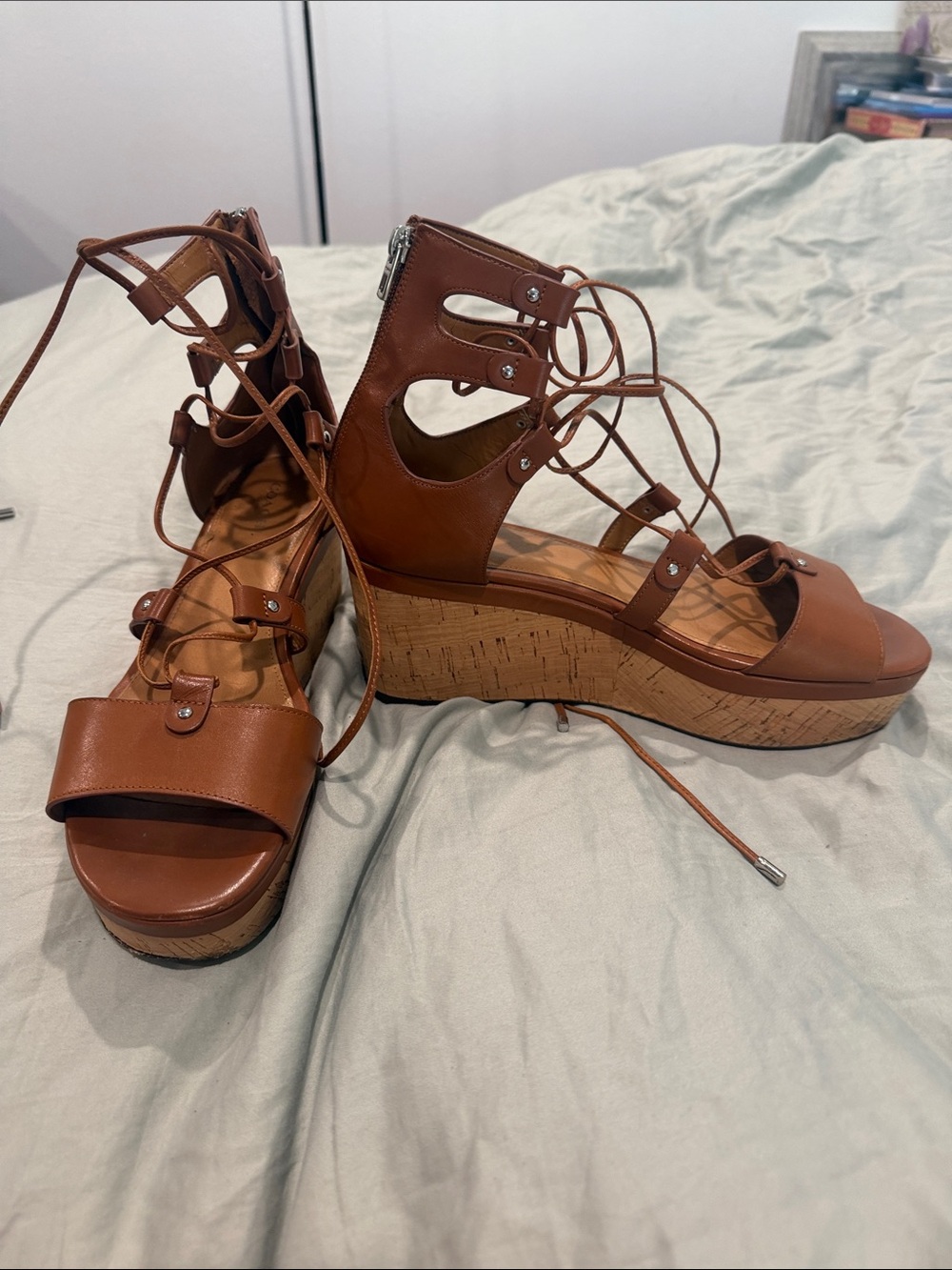 Coach Brown Lace-Up Cork Wedge Sandals